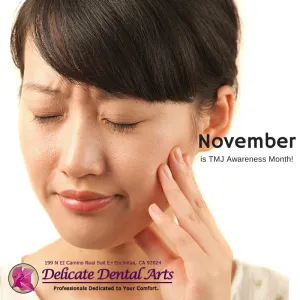 A close-up of a woman closing her eyes while touching her cheek, with the Delicate Dental Arts logo. November is TMJ Awareness Month!